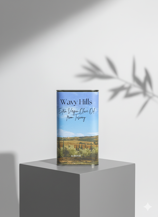 Wavy Hills extra virgin olive oil 1 liter metal can from Tuscany, premium Italian EVOO in elegant packaging