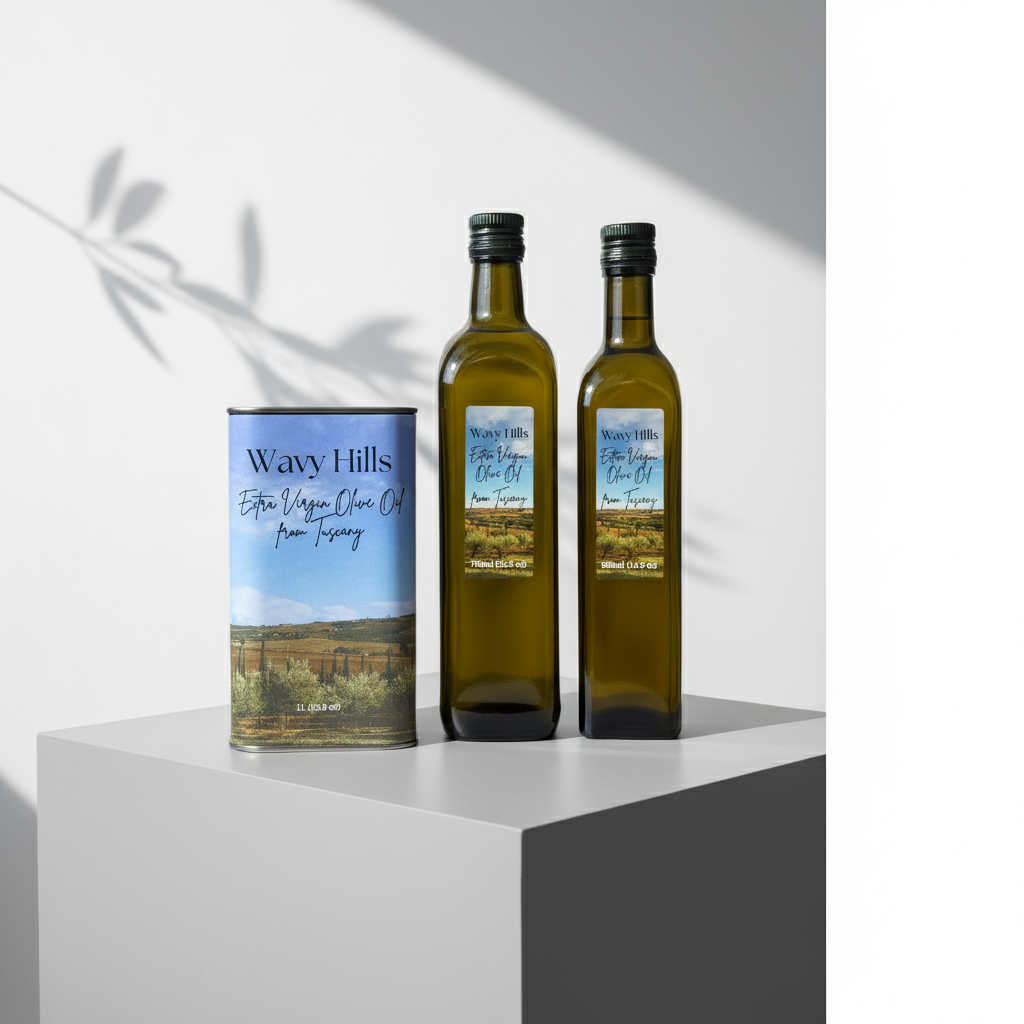 Wavy Hills olive oil product line showing 1 liter can, 750ml and 500ml glass bottles, Tuscan extra virgin olive oil sizes