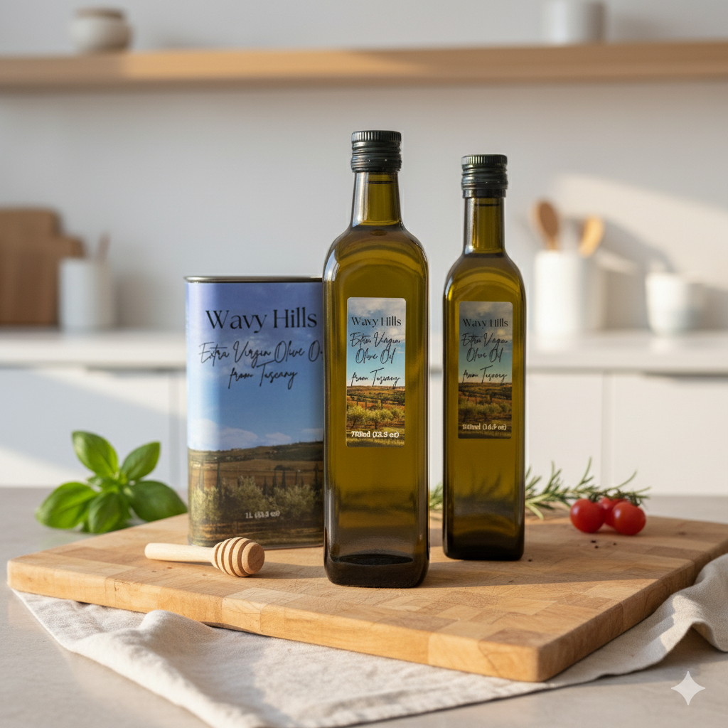 Premium Tuscan olive oil collection on wooden cutting board with fresh herbs and tomatoes, authentic Italian EVOO