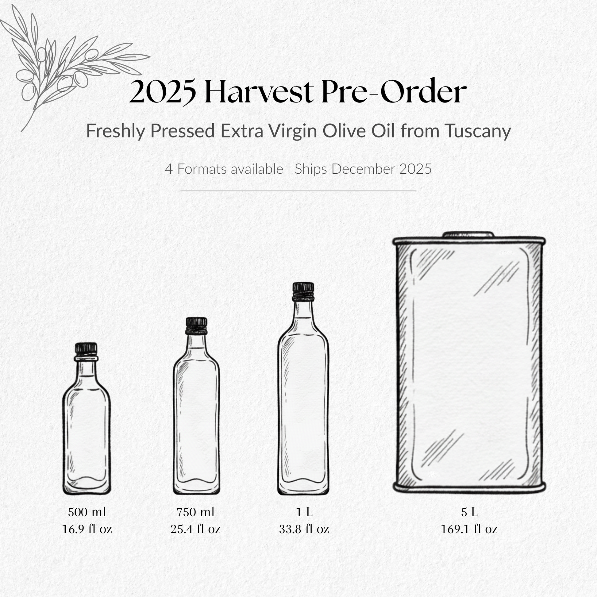 Wavy Hills olive oil 2025 harvest pre-order available in four sizes - 500ml, 750ml, 1L bottles and 5L can, ships December 2025