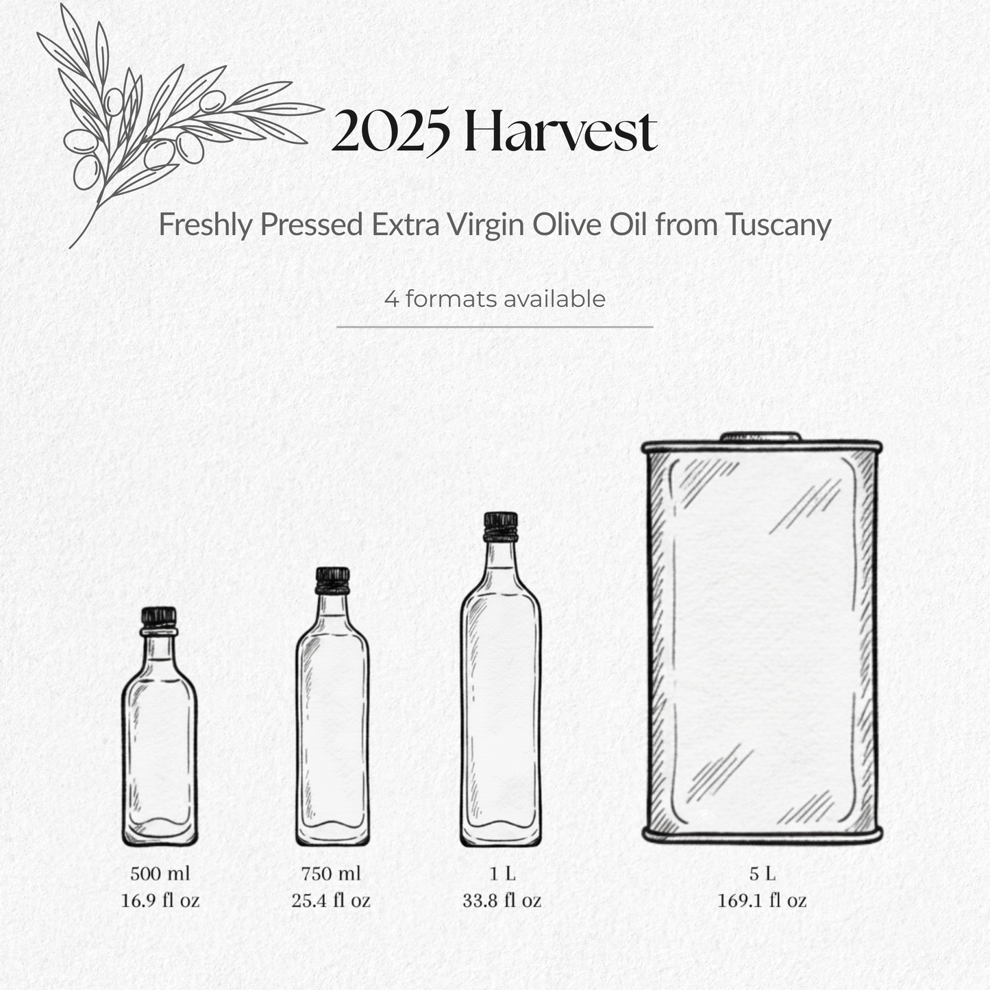 Wavy Hills 2025 harvest extra virgin olive from Tuscany oil in 500ml, 750ml, 1L glass bottles and 6L metal tin