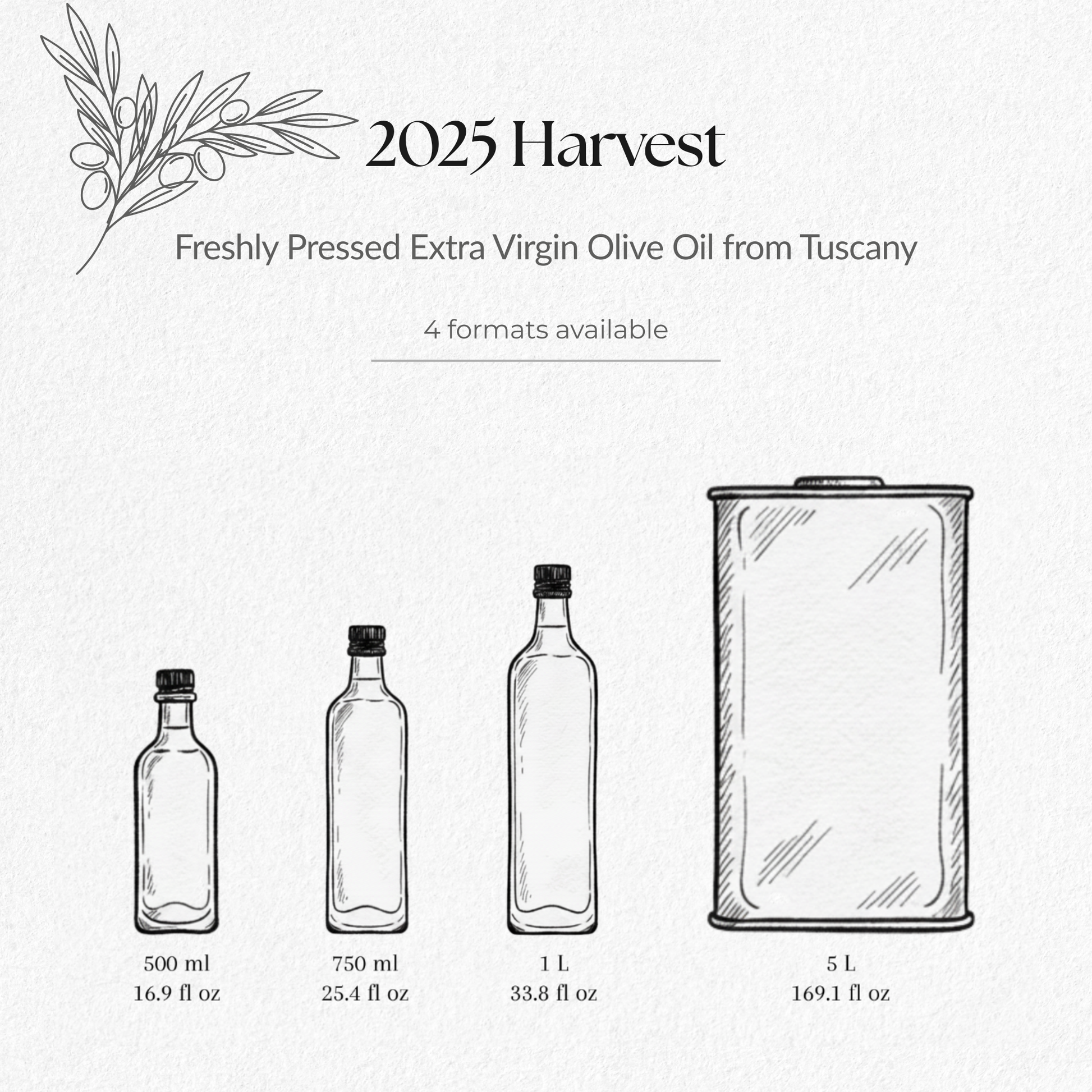 Wavy Hills 2025 harvest extra virgin olive from Tuscany oil in 500ml, 750ml, 1L glass bottles and 6L metal tin
